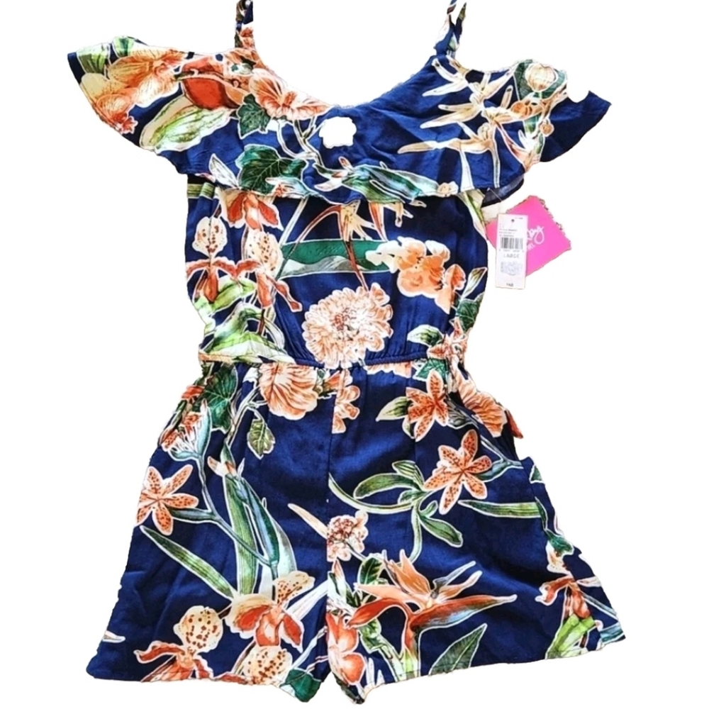 NWT by & by romper Size Large Colors navy, orange coral green